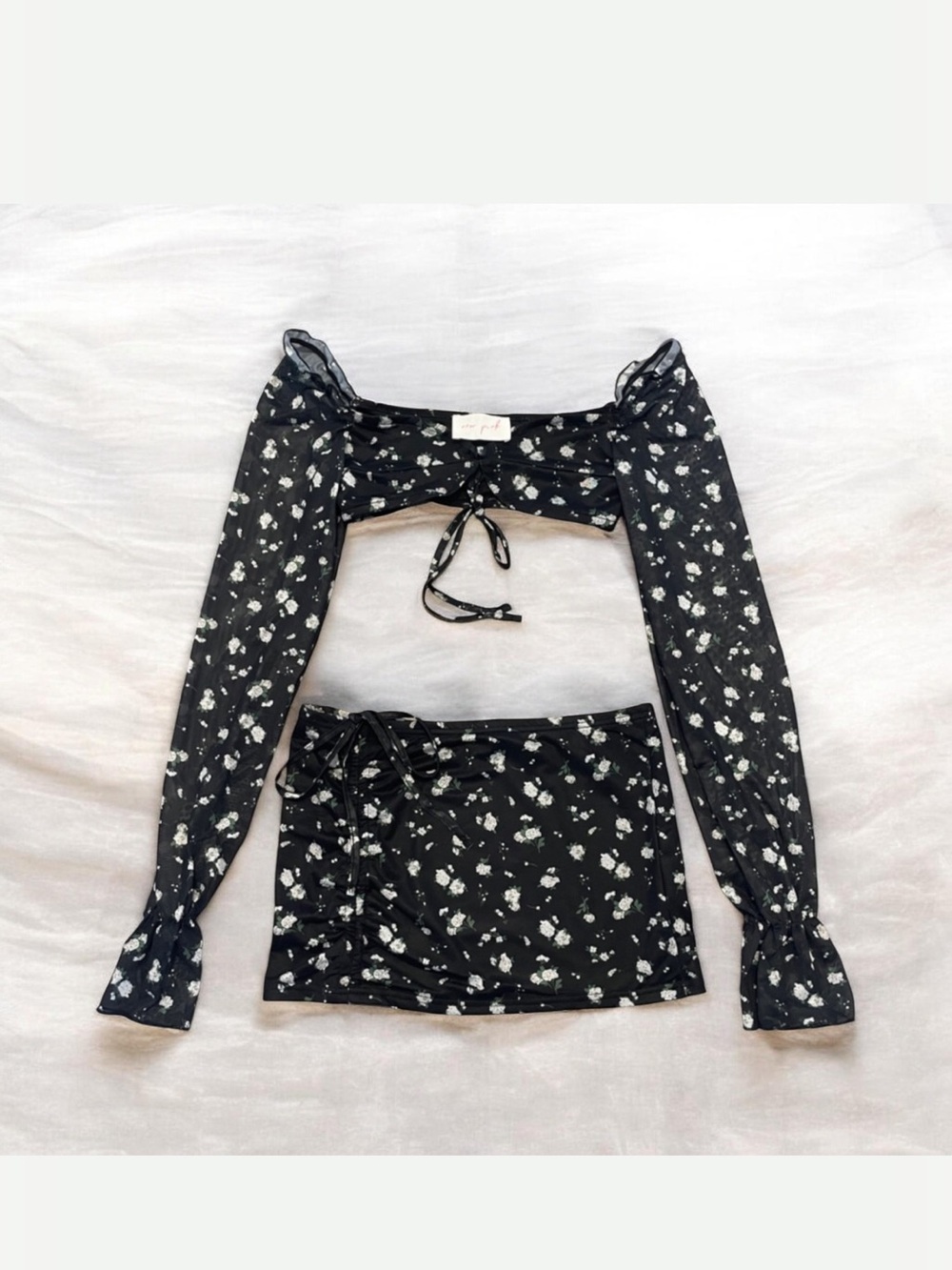 Dolls Kill New Pink Two Piece Black Mesh Floral Crop Top And Mini Skirt Set